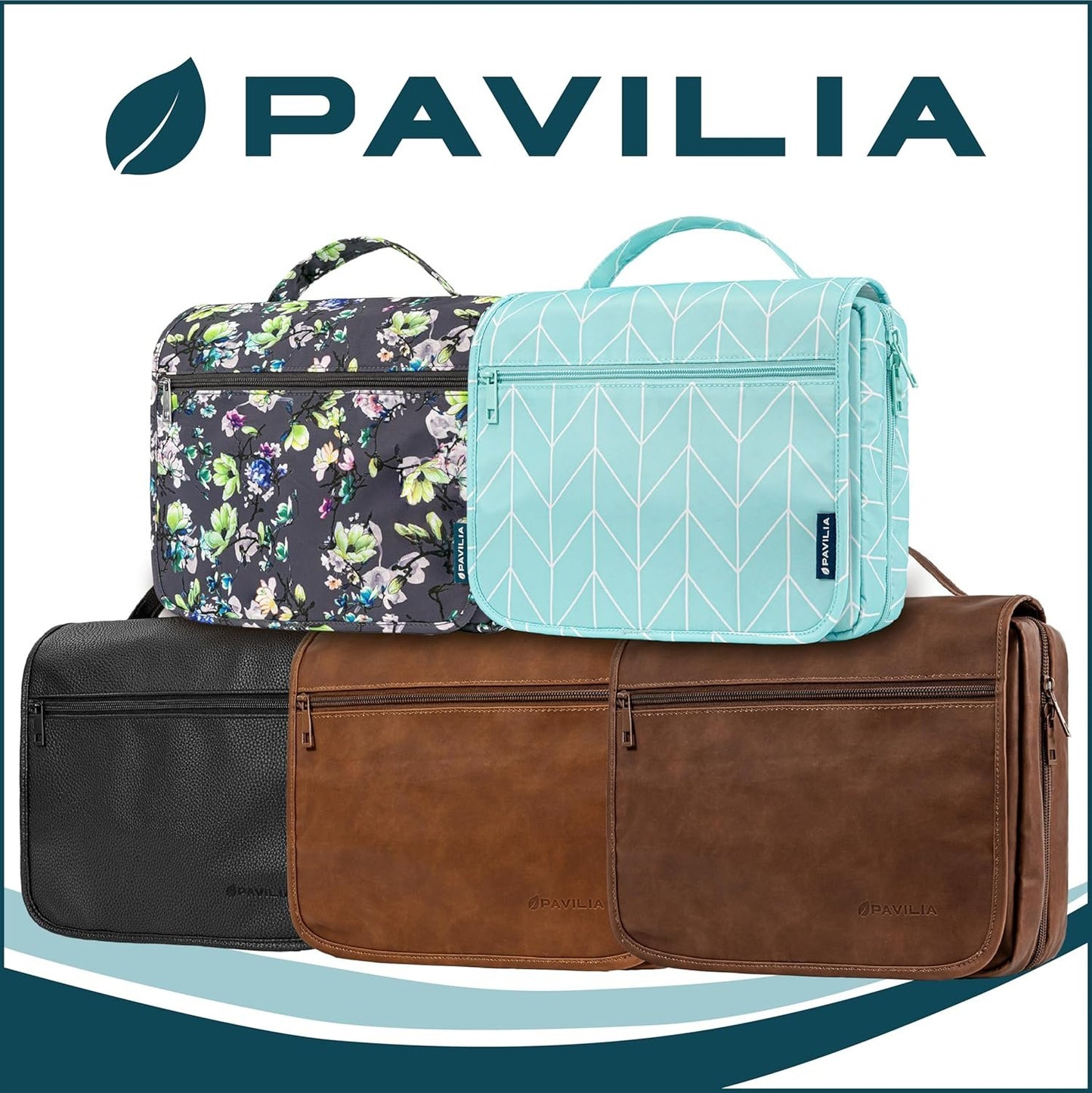 PAVILIA Hanging Toiletry Bag Women Men, Foldable Cosmetic Organizer Travel Bag, Water Resistant Makeup Bag Toiletries, Large Travel Essentials Kit, Black, Large