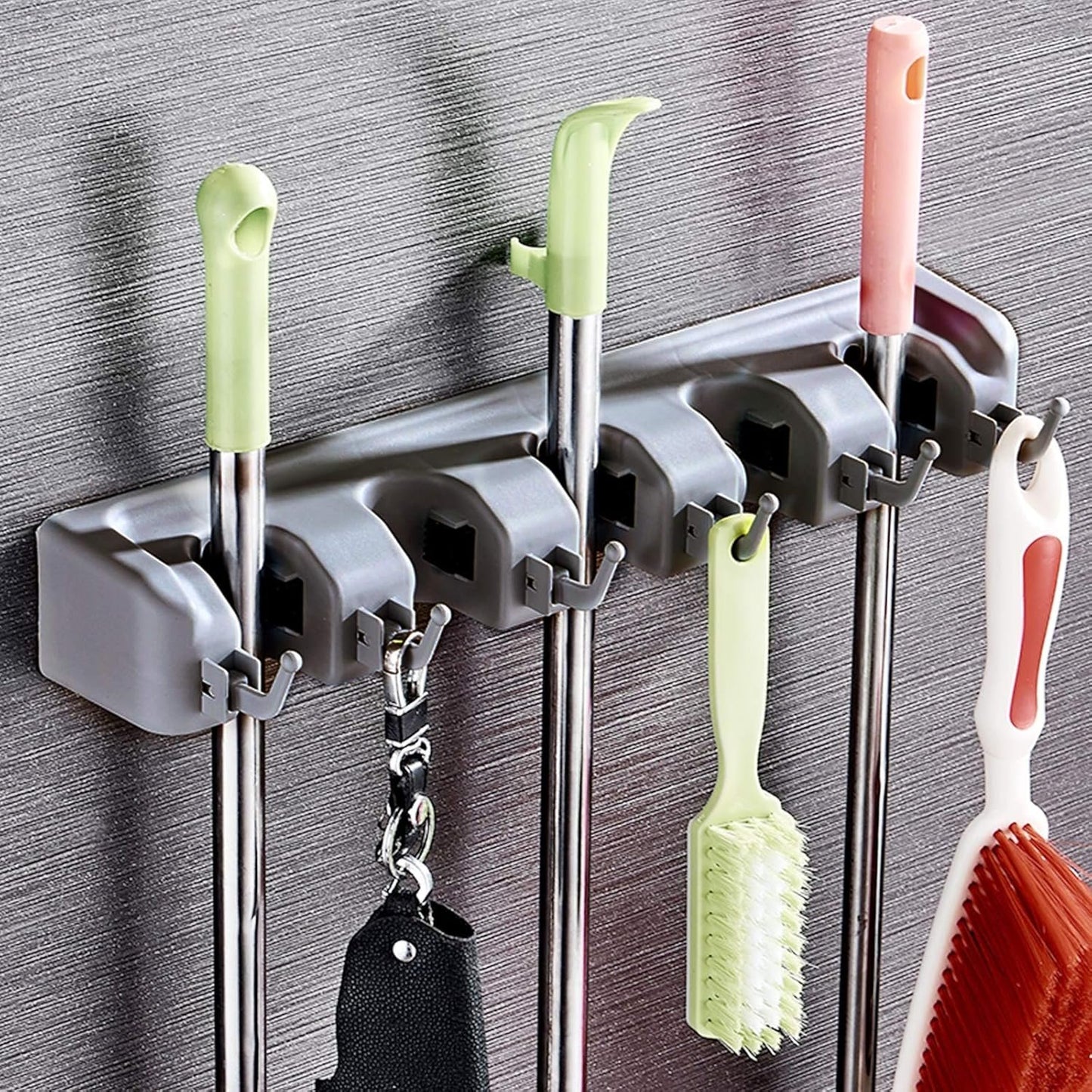 Mop and Broom Holder - Wall Mounted Garage Tool Organizer Broom Hanger Rack- Ideal for Home Kitchen Garage Garden Laundry Bathroom Tool Organizer With 5 Racks and 6 Hooks Broom Holder
