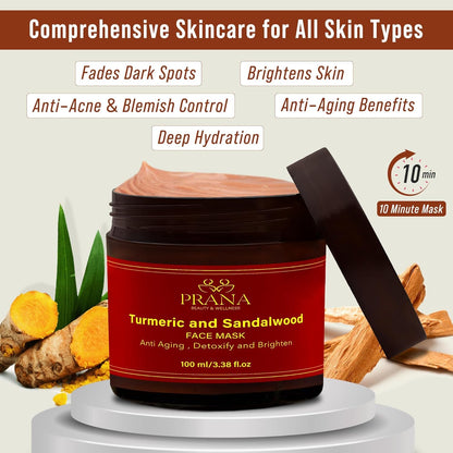 PRANA Sandalwood & Turmeric Face Mask - Natural Cleansing Facial Mask with Ayurvedic Ingredients - Bentonite & Kaolin Clay Mask - Brightening, Hydrating, Anti-Aging - Vegan & Cruelty-Free Mask (100ml)