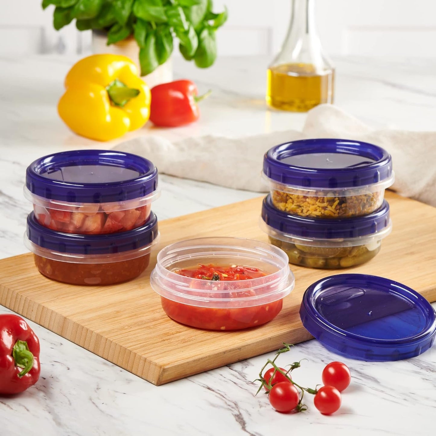 PLASTICPRO 12 Pack Twist Cap Food Storage Containers with Blue Screw on Lid- 8 oz Reusable Meal Prep Containers - Freezer and Microwave Safe Blue Plastic Food Storage