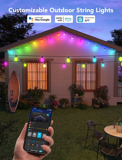 Govee Smart Outdoor String Lights H7020, RGBIC Warm White 48ft LED Bulbs, WiFi Patio Lights Work with Alexa, APP Control, IP65 Waterproof, Dimmable for Balcony, Backyard