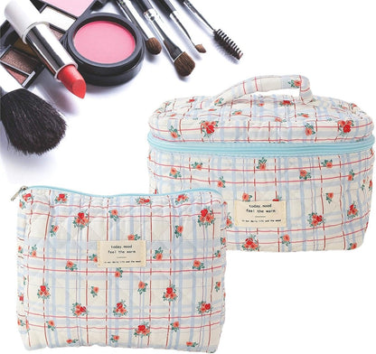 Travel Toiletry Bag - Hygiene Bag, Travel Toiletry Bag Organiser, 2 Piece Large Capacity Cosmetic Bag with Zipper, Portable Care Bag for Holiday, Toiletry Bag in Travel Bag, Blue Check Red Flower,