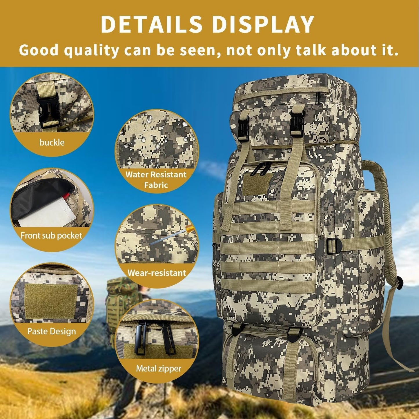 Vaupan Hiking Backpack, 80L Camping Backpack, Waterproof Large Outdoor Sport Travel Daypack Molle Rucksack for Men Women