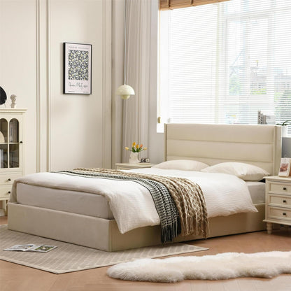 YUHUASHI Lift Up Storage Bed, Hydraulic Lifting Mechanism, Modern Flat Back Headboard, Wooden Slats, No Spring Required (White, Full)