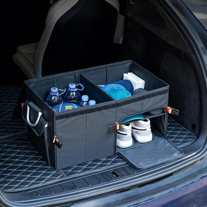 SHIMOYAMA Trunk Organizer, 63L Foldable Car Storage Box for Camping, Picnic, Collapsible Multi Compartments for SUV, Car Storage Bin with Aluminum Handles, Black