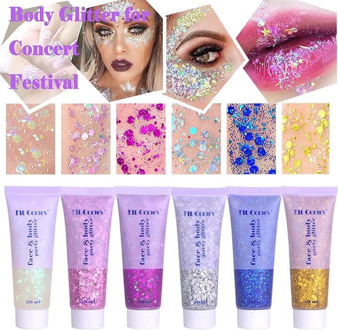 Body Glitter Face Glitter Gel: Singer Concerts Disco Festival Rave Accessories Face Glitter Makeup 150ml Chunky Sequins Mermaid Face Body Hair Glitter Gel (White&Pink&Rose&Lake Blue&Orange)