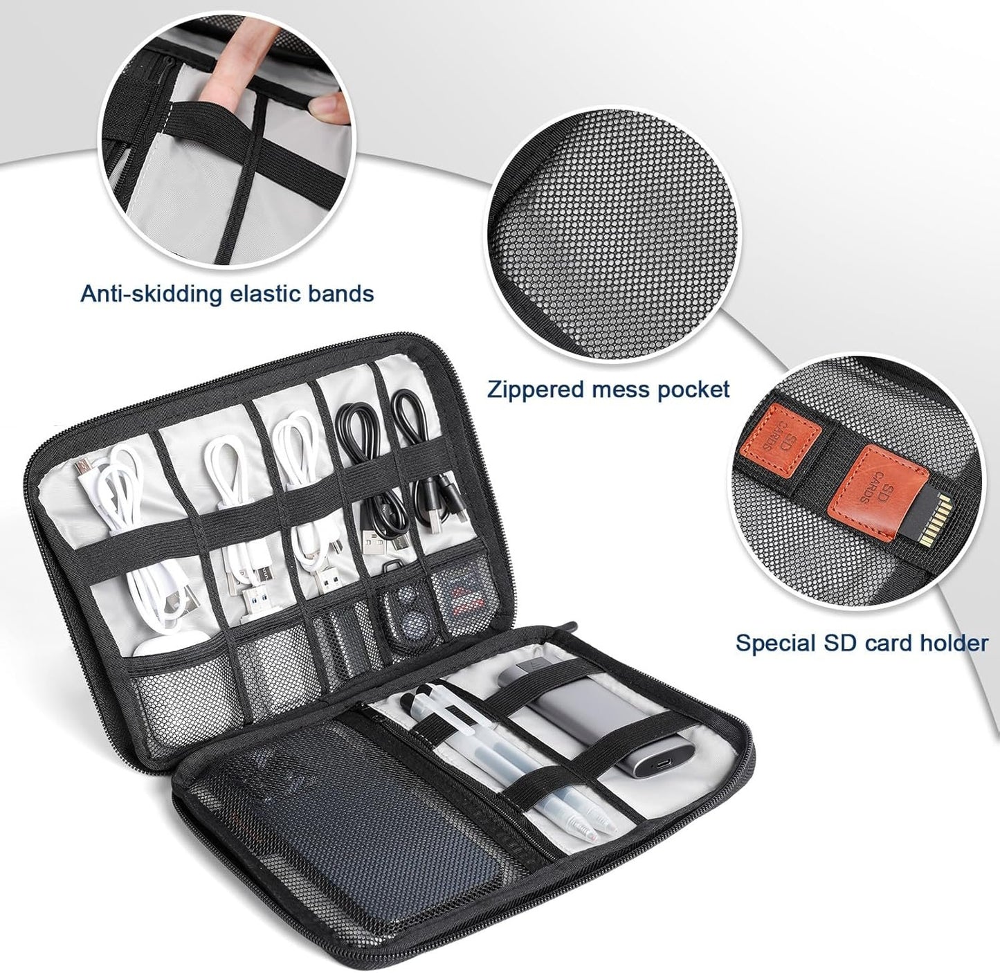 Cozary Cable Organizer, Portable Travel Case for Electronic Accessories, Travel Bag Cable Organizer Holder for USB Cables, SD Cards, Chargers, Hard Drive, Grey
