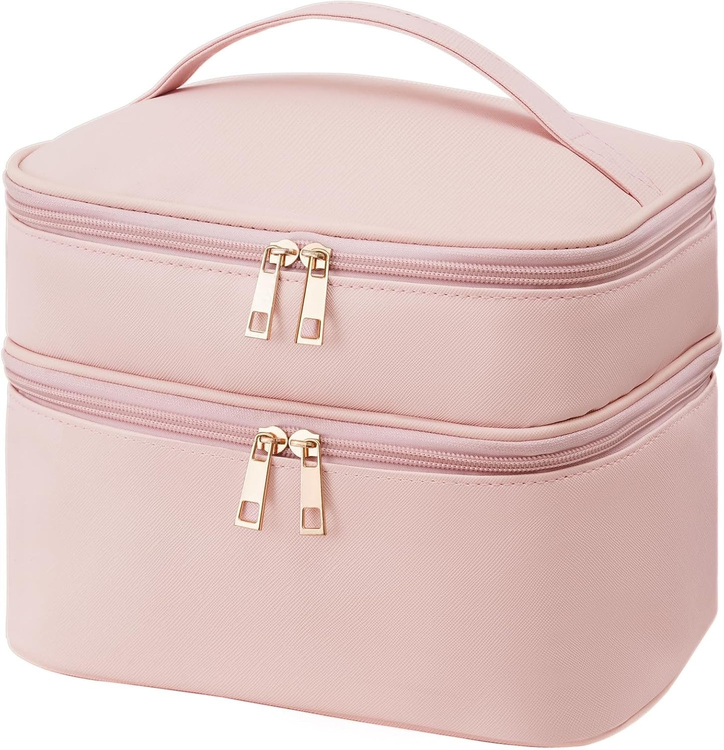Onilife Double Layer Travel Makeup Bag, Portable Cute Cosmetic Bag Large Make Up Organizer Case Toiletry Bag for Women Girls with Handle and Removable Divider, Pink