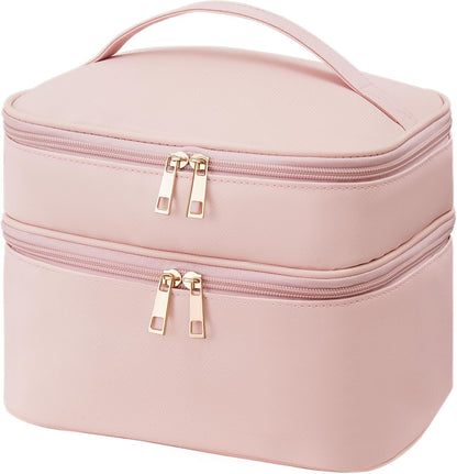 Onilife Double Layer Travel Makeup Bag, Portable Cute Cosmetic Bag Large Make Up Organizer Case Toiletry Bag for Women Girls with Handle and Removable Divider, Pink