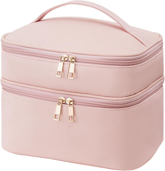 Onilife Double Layer Travel Makeup Bag, Portable Cute Cosmetic Bag Large Make Up Organizer Case Toiletry Bag for Women Girls with Handle and Removable Divider, Pink