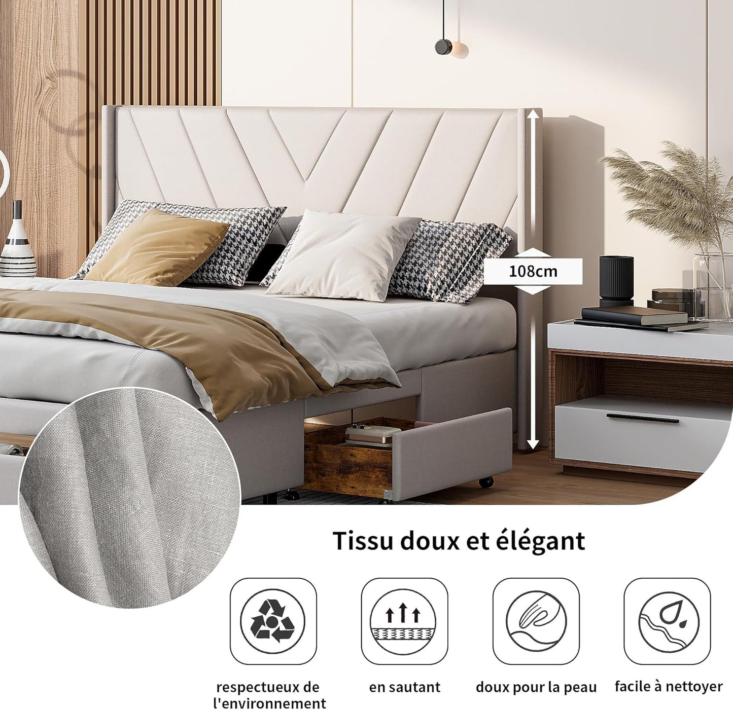 BRILVERDE Upholstered Bed, 160 x 200 cm, Double Bed with 3 Drawers, Solid Wood Bed with Headboard, Junior Bed, No Mattress, Beige (160 x 200 cm)