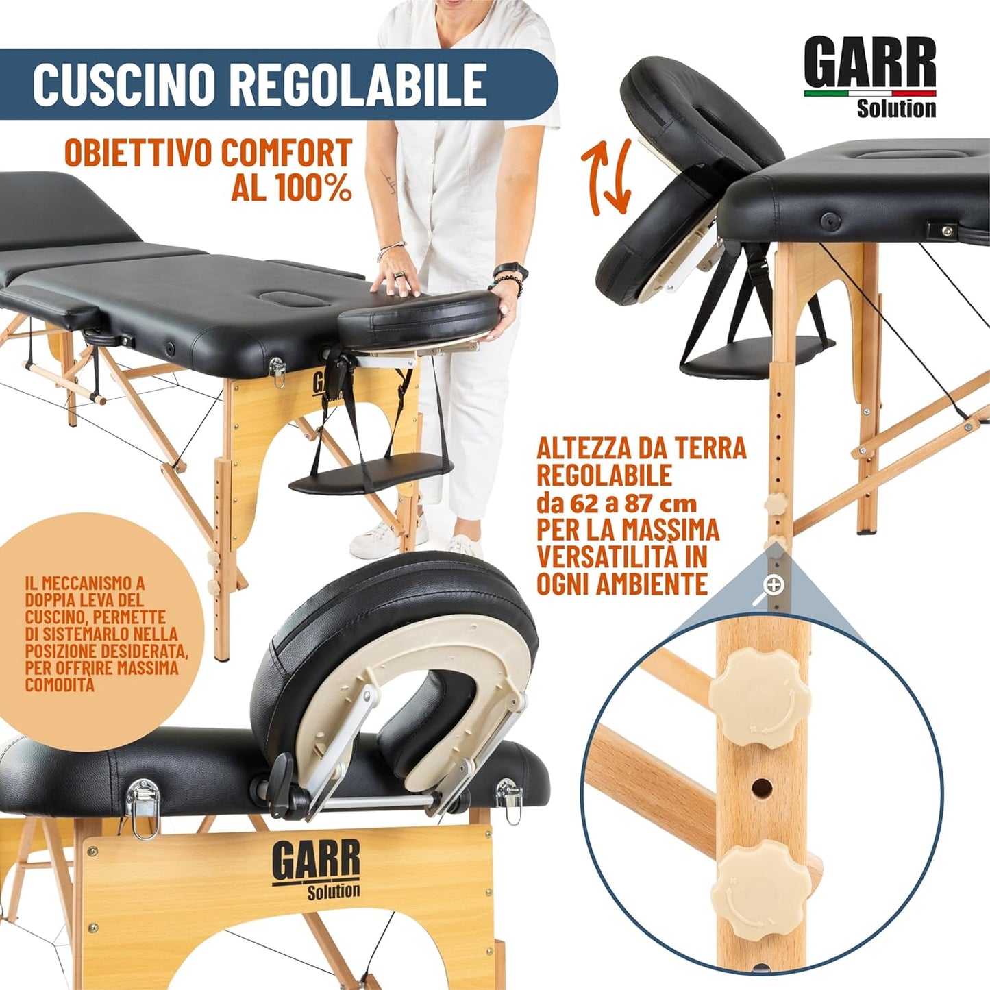 GARR Solution Portable 3 Zone Wooden Massage Table Professional Folding Lightweight 185 x 70 H62/87 cm with Roll Holder and Accessories – Suitable for Beauticians, Physiotherapy and Tattoo – Black