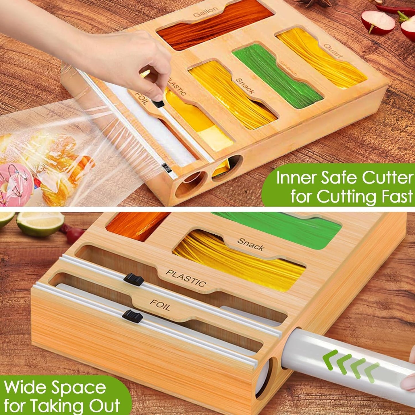 Bag Storage 6 IN 1 Foil and Plastic Wrap Organizer for Kitchen Drawer, Plastic Wrap Dispenser with Cutter, 100% bamboo foil and plastic wrap organizer,bag organizer for Drawer Gallon, Quart
