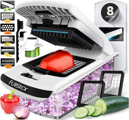 Vegetable Chopper & Mandoline Slicer with Container - Veggie Onion Salad Food Cutter Dicer - Julienne & Wavy Slicer - Grater Zester - Kitchen Tools Gadgets - Home Essentials (8-in-1 PRO White)
