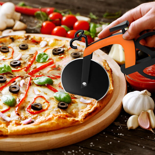 Bicycle Pizza Cutter, Stainless Steel Bicycle Shape Pizza Cutter Blades with Non-Stick Coating Kitchen Tools with Easel, Orange