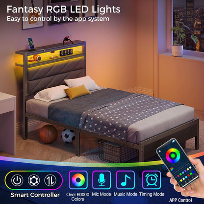 Seventable Bed Frame Twin Size with Charging Station, LED Bed with Upholstered Storage Headboard, Metal Single Platform with Under Bed Storage, No Box Spring Needed, Easy Assembly, Grey