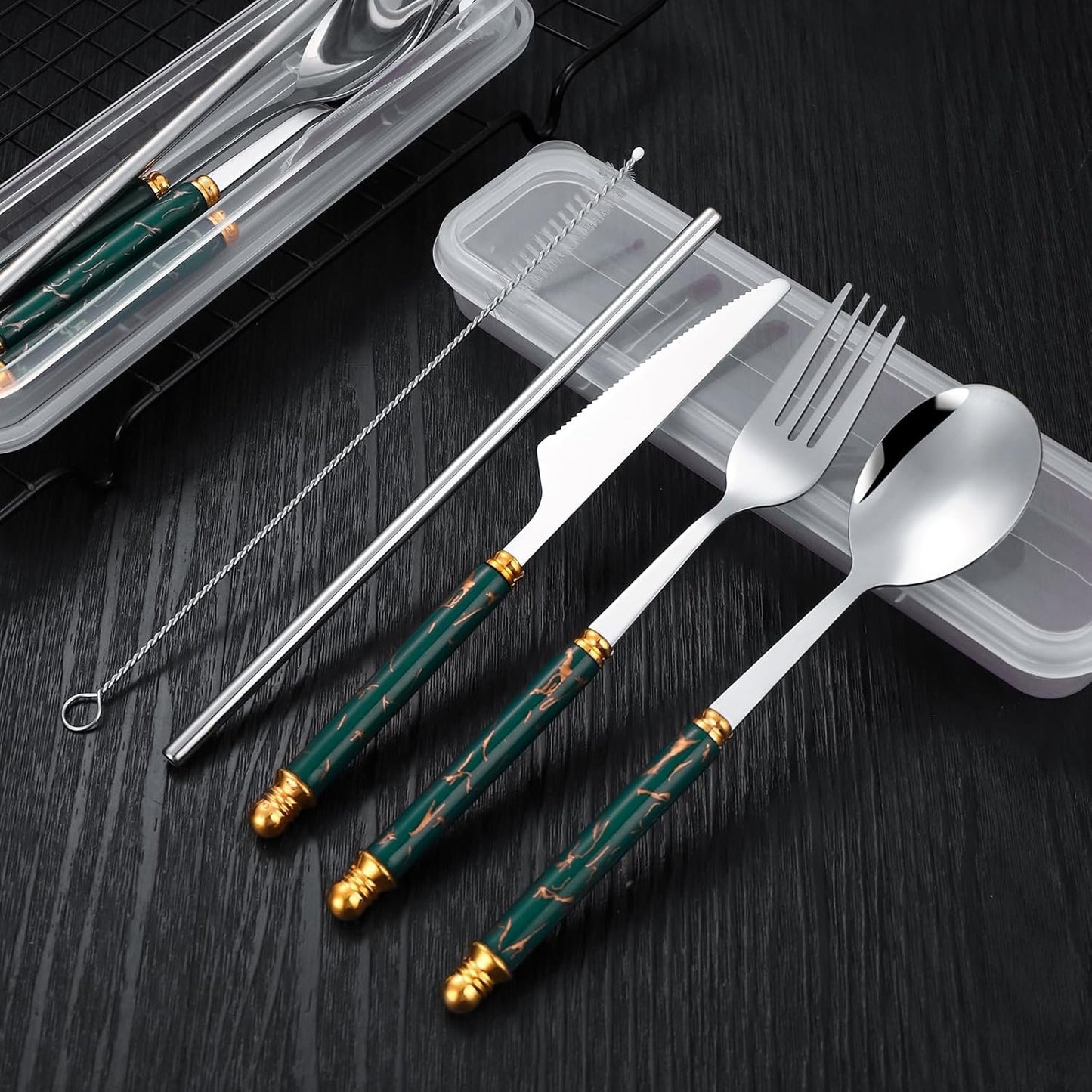 Facune 4 Colors Portable Stainless Steel Flatware Sets, Reusable Travel Cutlery with Case, Utensil Set Include Knife Fork Spoon Straw Brush for Lunch Box