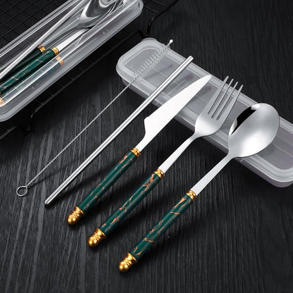 Facune 4 Colors Portable Stainless Steel Flatware Sets, Reusable Travel Cutlery with Case, Utensil Set Include Knife Fork Spoon Straw Brush for Lunch Box