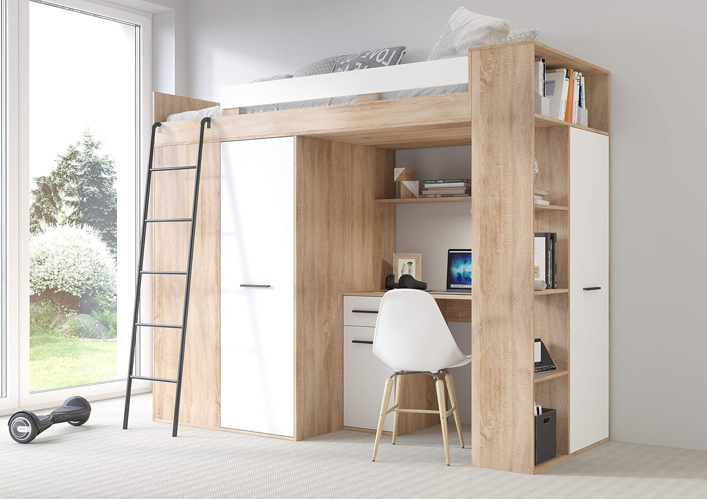 BIM Furniture - Entresole Verana L Loft Bed, 190 x 90 cm, with Stairs, Wardrobe, Shelves, Children's Furniture, Left Side