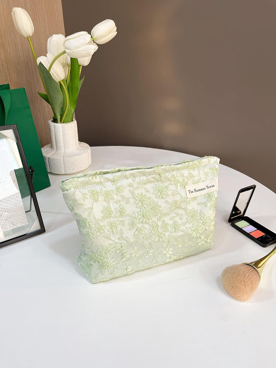 The Summer Swan | Large Aesthetic Floral Makeup Bag | Mid-day Clutch | Period Kit | Hygiene | Skincare | Embroidery Green Fabric Cosmetic Bag With Zipper