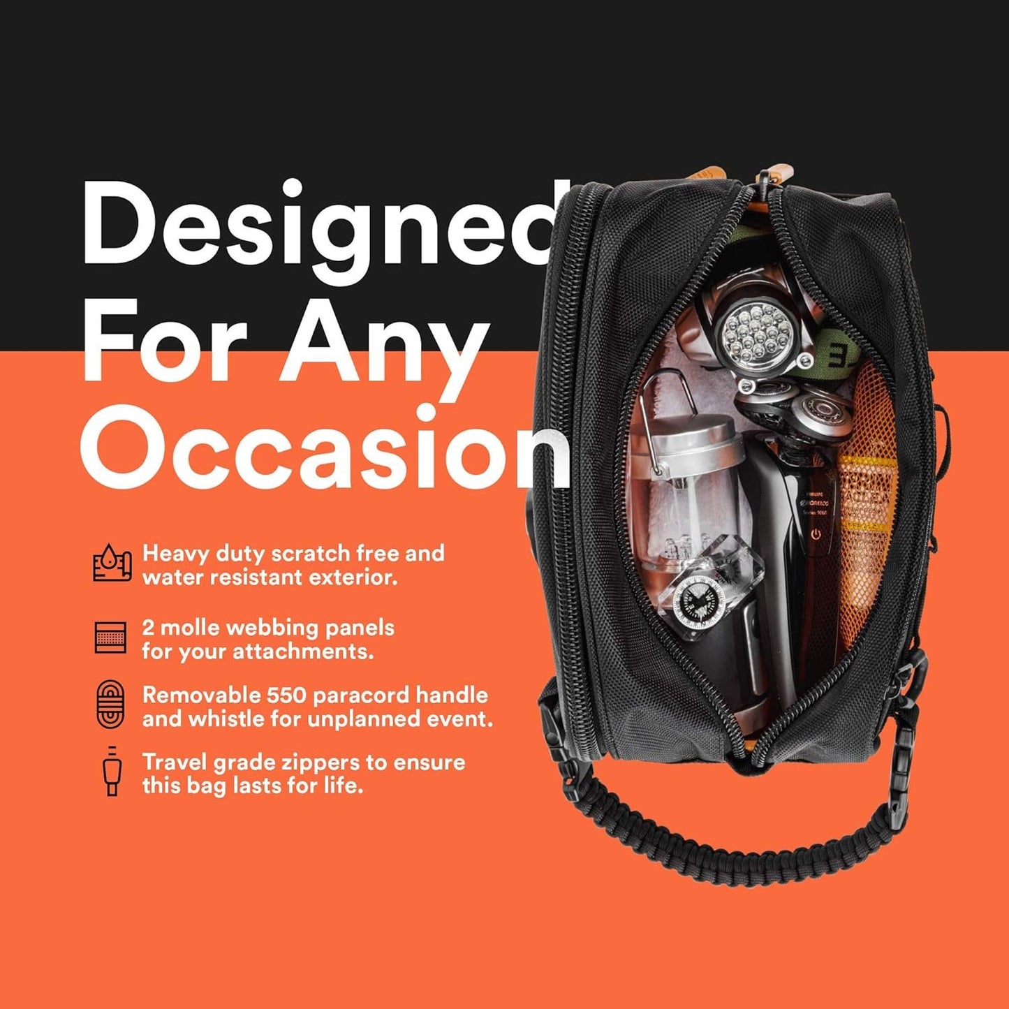 Fitdom Tactical Toiletry Bag Dopp Kit Case For Men. Perfect For Travel & Storage. Fits Large & Small Cosmetic Makeup, Clipper, Toothbrush, Shower, Shaving & Grooming Care. Best Overnight Organizer,