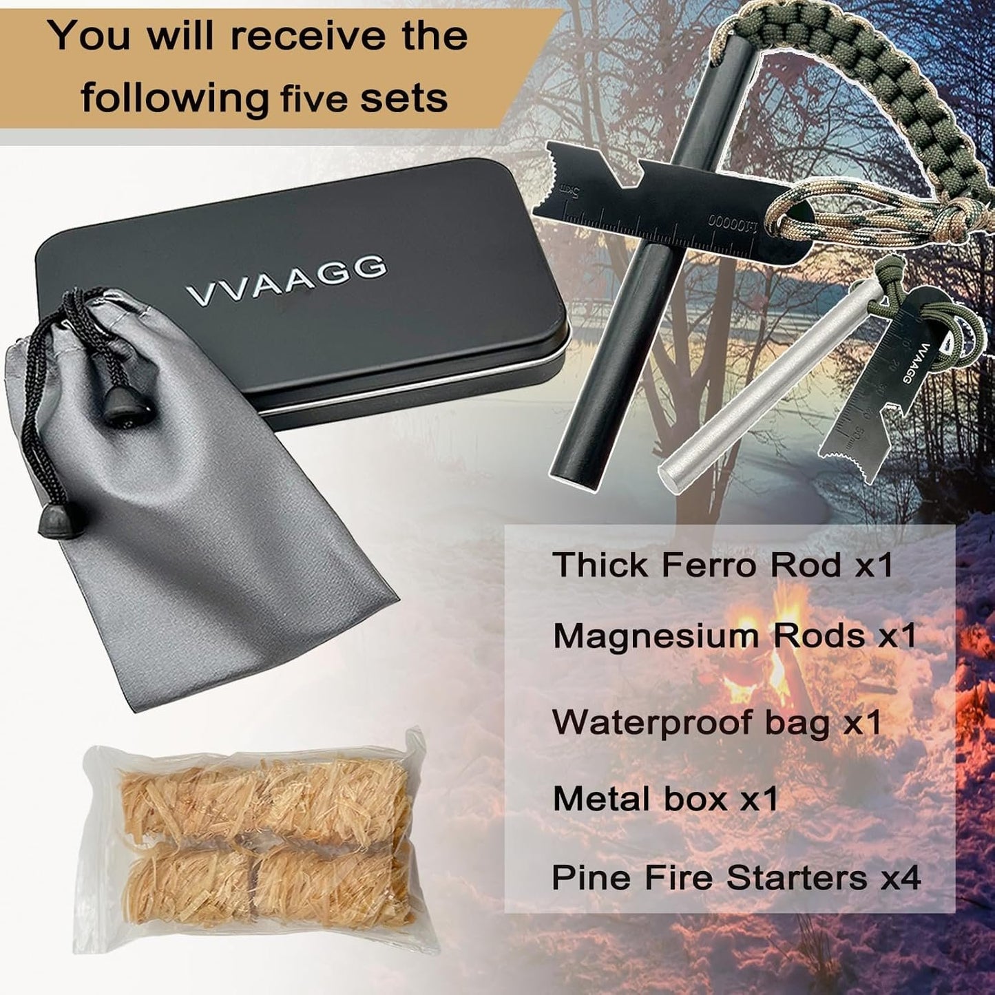 VVAAGG Flint and Steel Fire Starter Kit Survivor, 3/8 inch Ferro Rods and Magnesium Rods with Paracord Handle, Flint Fire Starter Survival Tool