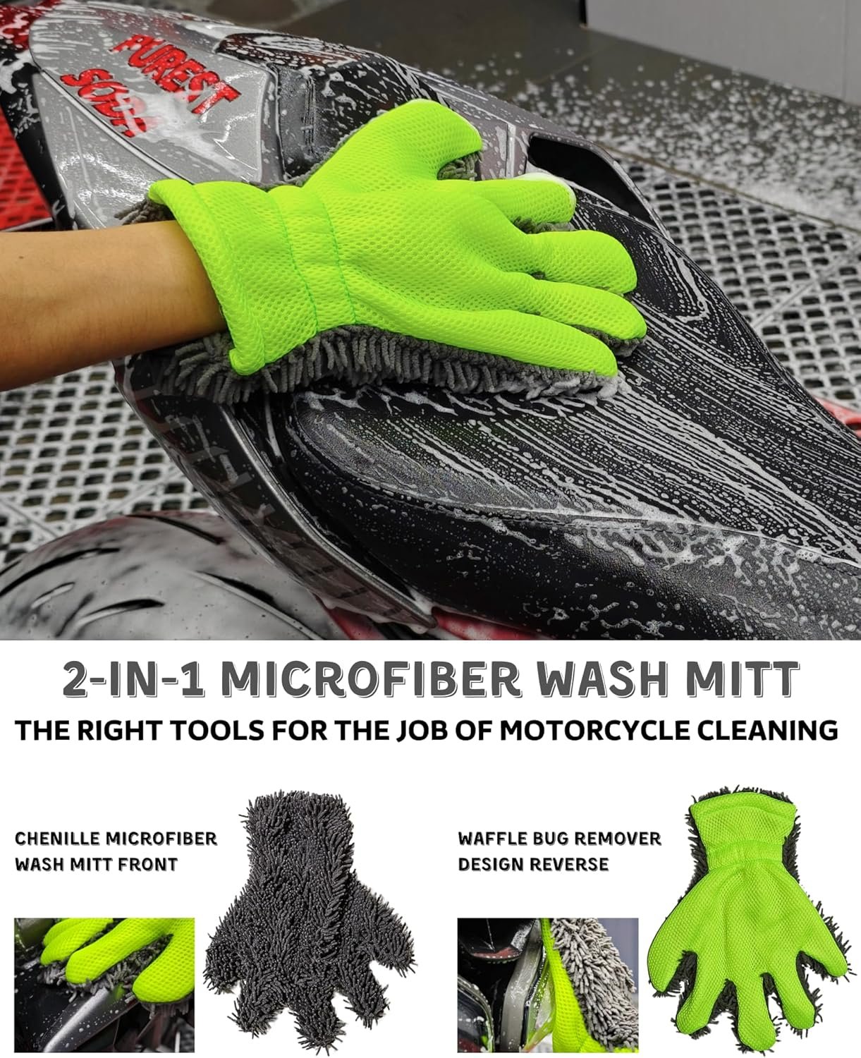 8 Pack Motorcycle Cleaning Kit - Professional Safe for Chrome/Engine/Tires, Hard Reach Brush, Microfiber Mitt, Detailing Tools, Drying Towel & Wax Applicators
