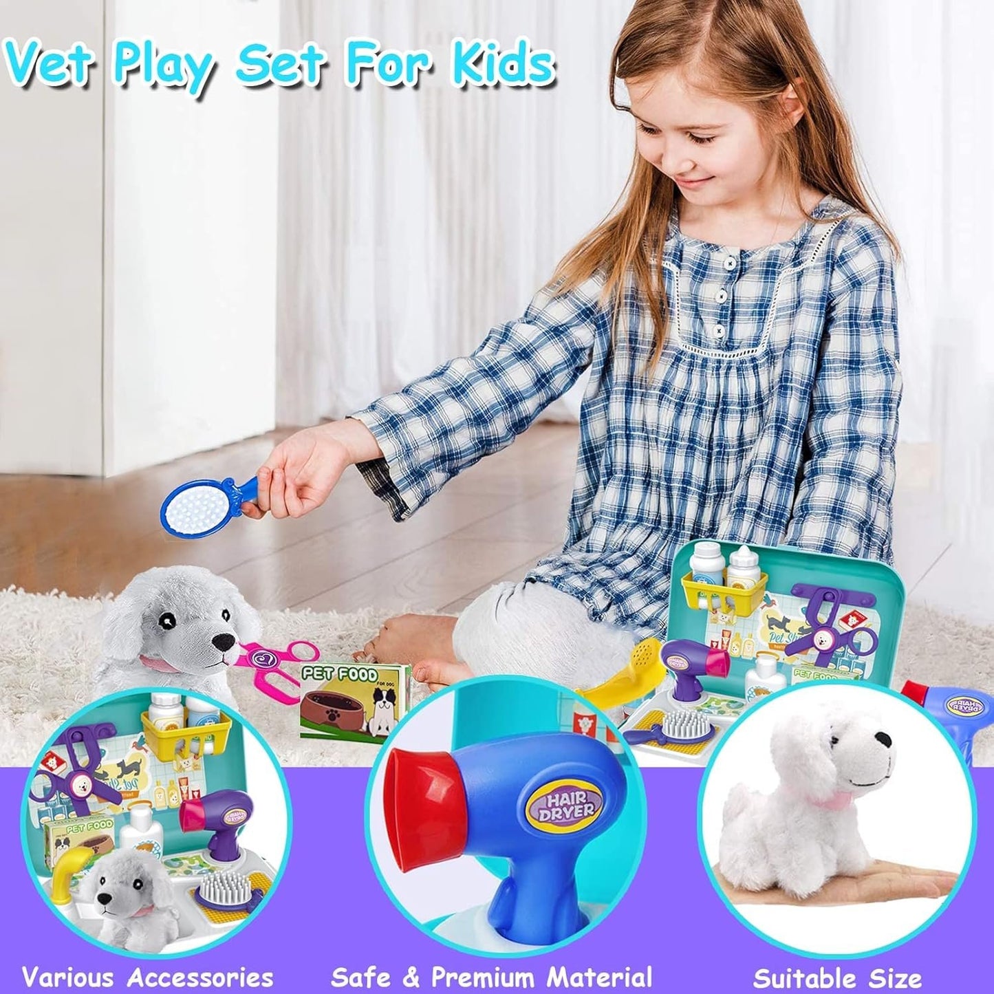 TEUVO Pet Care Play Set Pretend Play Vet Kit for Kids, 16Pcs Doctor Pretend Play Vet Dog Grooming Toys Puppy Dog Carrier Feeding Dog Educational Backpack Gifts for Girls Boys 3-7 Years Old