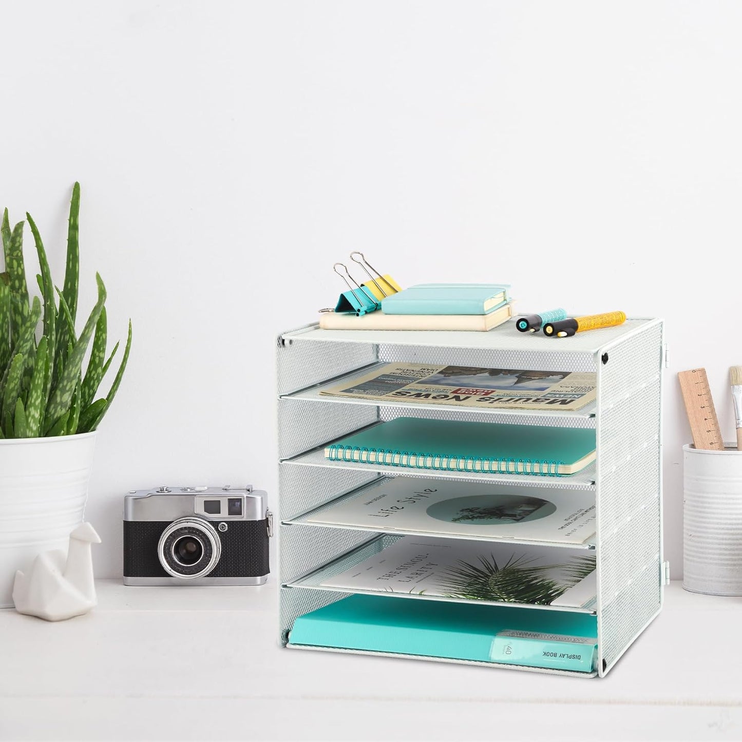 EASEPRES 5 Slot Mesh Desk Organizer Tray, File Paper Letter Folder Holder Desktop Paper Sorter Mail Organization Rack Storage Accessories, for Office Home School Classroom, White
