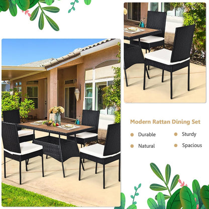 DORTALA 5-Piece Patio Dining Set, Rattan Furniture Set with Acacia Wood Tabletop Table, Chairs, Cushions, Outdoor Wicker Chair & Table Set for Backyard Porch Poolside