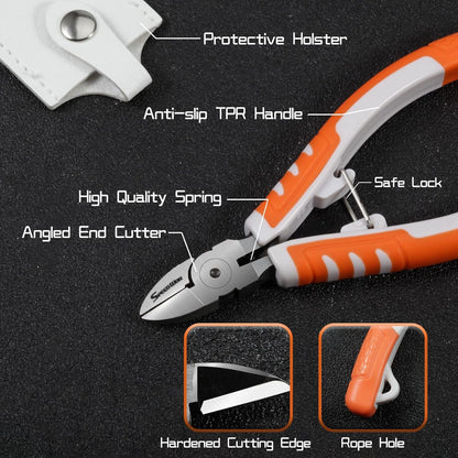 SPEEDWOX Precision Diagonal Cutting Pliers 5 Inches Wire Flush Cutters Ultra Sharp Electronics Pliers Model Sprue Wire Clippers Side Cutting Nippers with Safety Lock and Protective Holster CR-V Steel