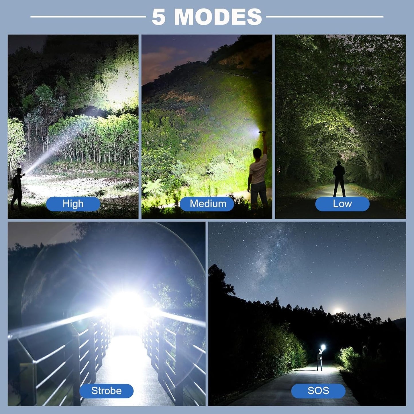 Rechargeable Flashlight, Bright Tactical Flashlight with 5 Modes, Irradiation Range up to 3280FEET Can Run Up to 12 Hours, Waterproof IP6 Suitable for Emergencies Bad Weather, Hiking