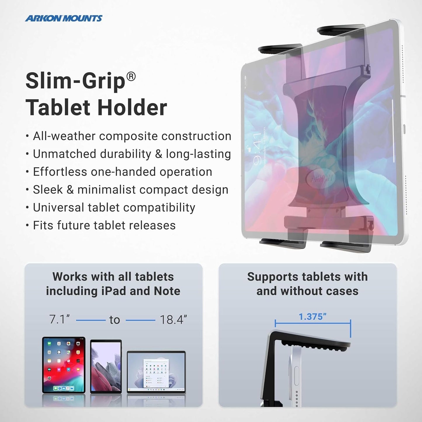 Arkon TAB801 22-Inch Heavy-Duty Aluminum Seat Rail Universal Tablet Mount