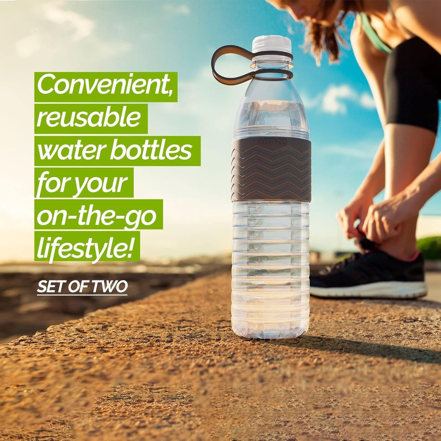 Copco Hydra 20 oz Tritan Water Bottle with Spill Resistant Lid & Non-Slip Sleeve (Set of 2) - BPA-Free, Dishwasher Safe, Fits Cup Holders, Great for Gym, Travel, Office - Durable & Lightweight (Grey)