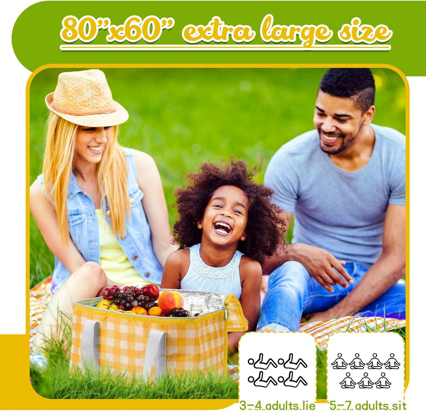 Ceenna Extra Large Picnic Blankets Travel Cooler Bag for Airplane Set Waterproof Foldable Sand Mat Tote Oversized Picnic Blanket Insulated Picnic Bag Insulated Bag for Food Outdoor Camping (Yellow)