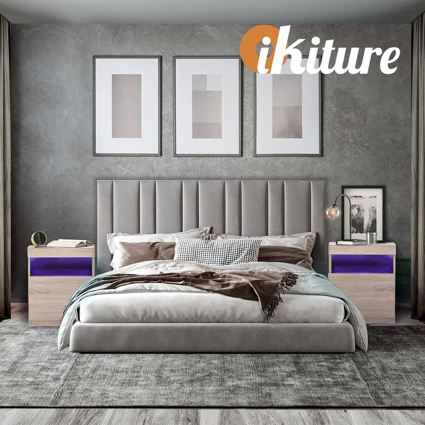 Oikiture Bed Side Table with LED Light Open Shelf and Storage Cabinet Wooden Bedside Table Nightstand