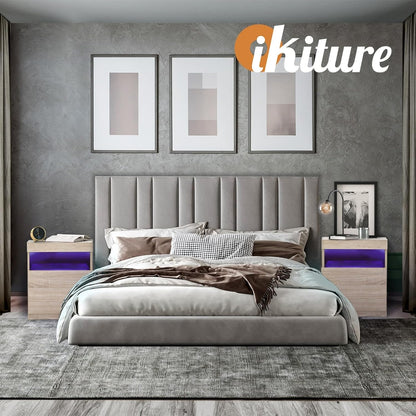 Oikiture Bed Side Table with LED Light Open Shelf and Storage Cabinet Wooden Bedside Table Nightstand