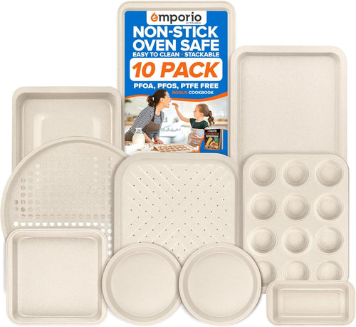 Emporio Kitchen Stackable Baking Pan Set - Nonstick White Marble Coating, Carbon Steel Bakeware Sets, PFOA, PFOS, PTFE Free, Recipe Booklet Included, Oven Safe Tray (Up to 450Â° F), Set of 10 - White
