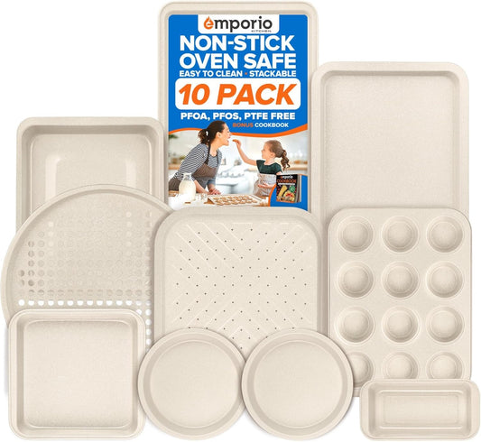 Emporio Kitchen Stackable Baking Pan Set - Nonstick White Marble Coating, Carbon Steel Bakeware Sets, PFOA, PFOS, PTFE Free, Recipe Booklet Included, Oven Safe Tray (Up to 450Â° F), Set of 10 - White