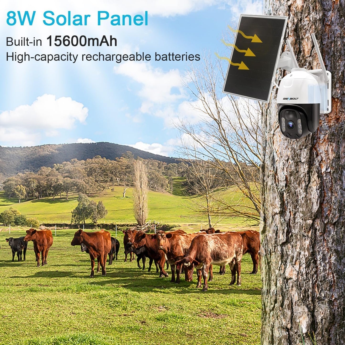 GENBOLT 4G LTE Solar Security Camera Outdoor Wireless, 2K 8W 15600mAh Battery Operated Surveillance Camera No WiFi, Floodlight PTZ IP Camera System with SIM Card, PIR Siren Alarm Humanoid Detection