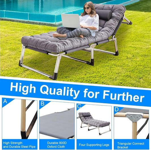 Folding Camping Cot W/Mat for Adults, Heavy Duty Outdoor Camping Bed Travel Camp Cots Camping Loungers, 5-Position Adjustable Backrest, Lightweight Tent Cot for Home Office Beach Garden