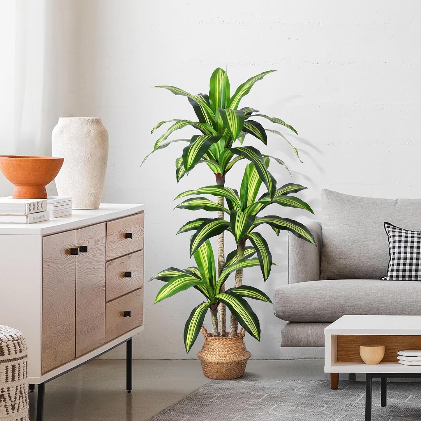 Artificial Plants,5 Ft Dracaena Tree Faux Plants Indoor Decor,Fake Tree with Woven Seagrass Basket Plants for Home Outdoor Decor Office Living Room Porch Housewarming