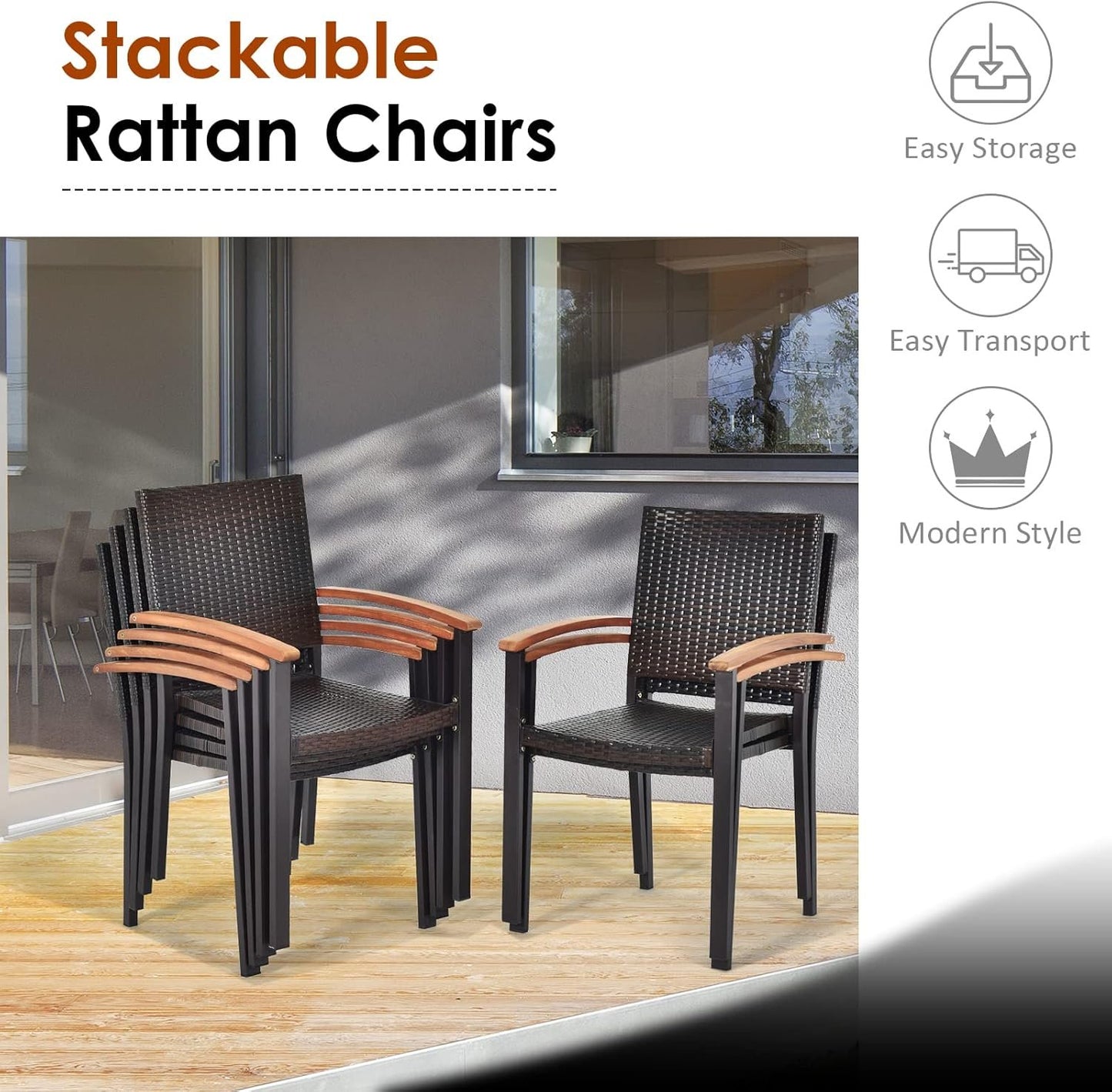 Tangkula 7-Piece Wicker Patio Dining Set, Patiojoy Outdoor Rattan Garden Yard Furniture Set, Acacia Wood Tabletop Dining Table with Umbrella Hole & 6 Stackable Rattan Chairs Set