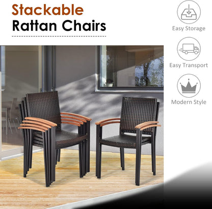 Tangkula 7-Piece Wicker Patio Dining Set, Patiojoy Outdoor Rattan Garden Yard Furniture Set, Acacia Wood Tabletop Dining Table with Umbrella Hole & 6 Stackable Rattan Chairs Set