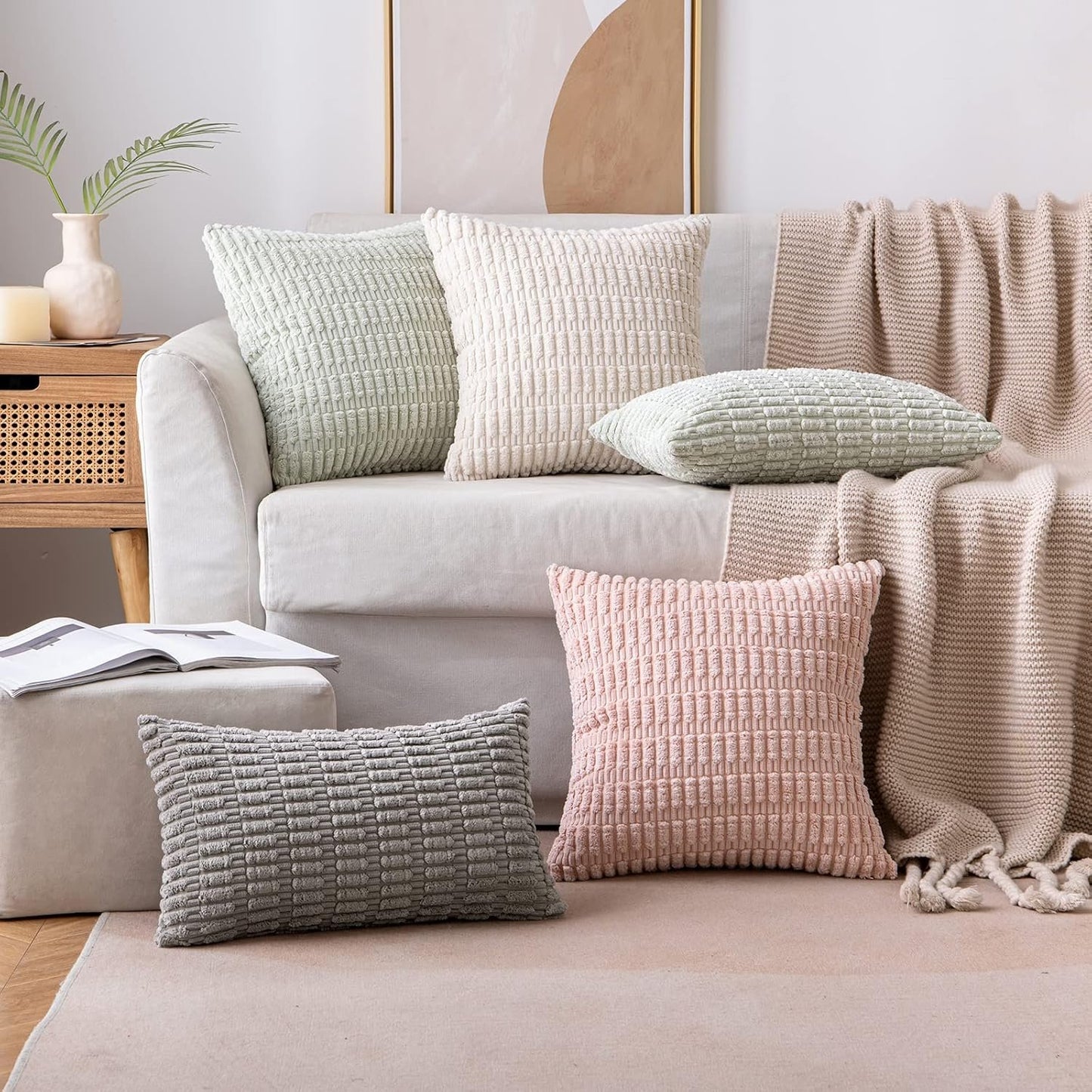 MIULEE Pack of 2 Corduroy Throw Pillow Covers Soft Decorative Boho Striped Cushion Covers Farmhouse Home Decor Pillowcase for Spring Sofa Living Room Couch Bed 18x18 Inch Cream White