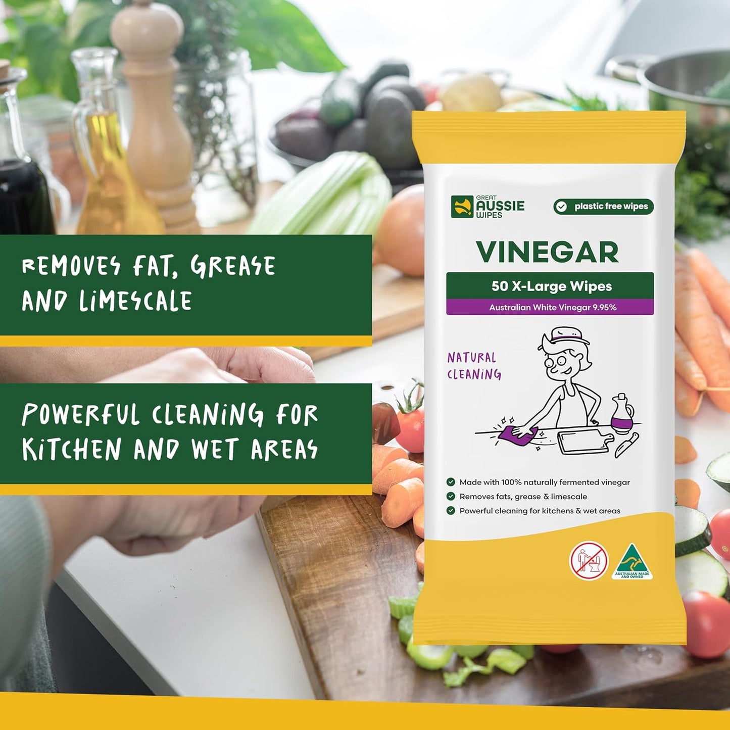 Great Aussie Wipes Vinegar Wipes for Cleaning - Kitchen Wipes for Cleaning Counters