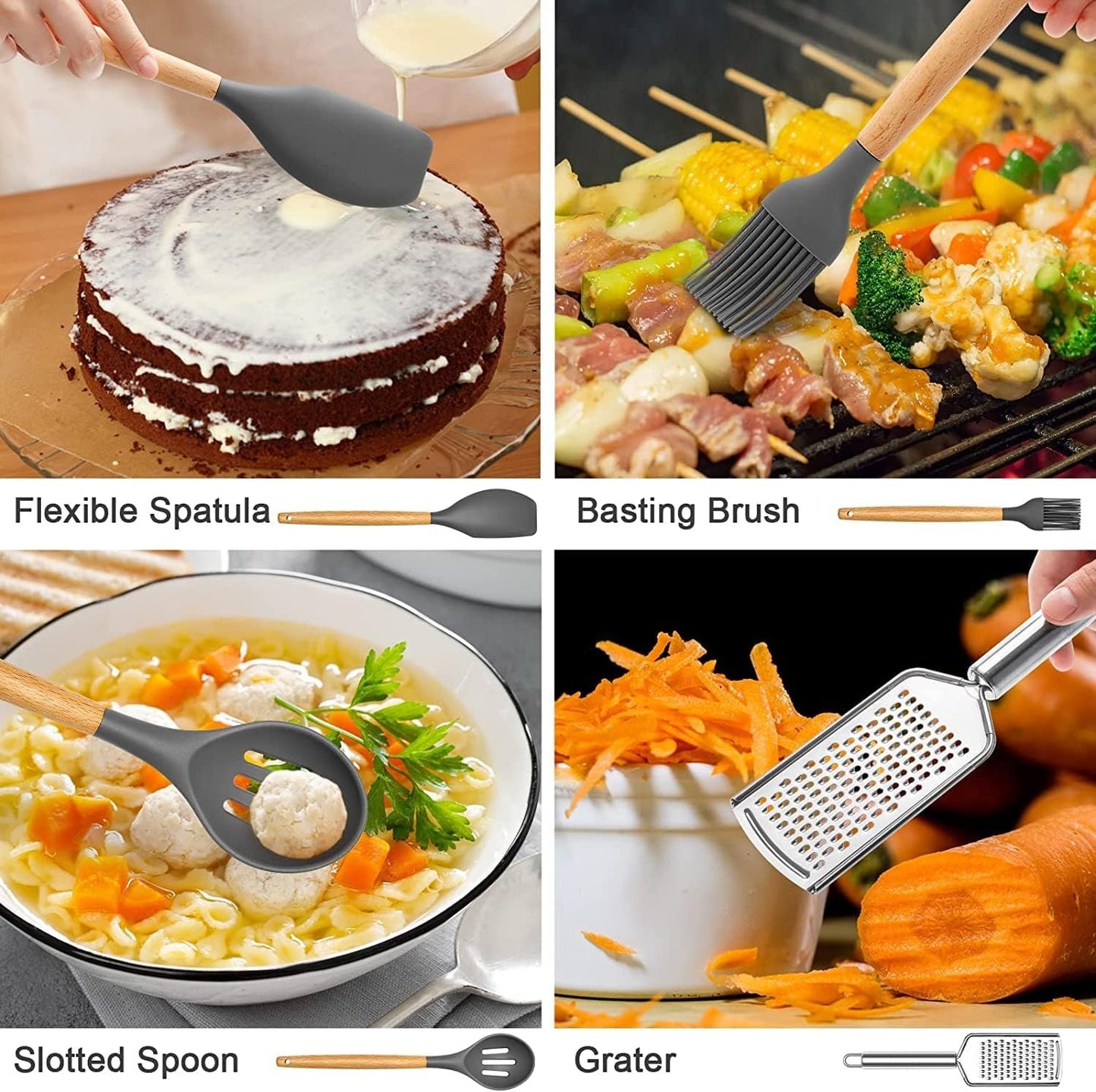34 Pcs Silicone Kitchen Utensils Set Heat Resistant with Premium Stainless Steel Handles for Cooking and Baking, Non-Stick Spatulas, Kitchen Utensils (Grey)