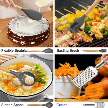 34 Pcs Silicone Kitchen Utensils Set Heat Resistant with Premium Stainless Steel Handles for Cooking and Baking, Non-Stick Spatulas, Kitchen Utensils (Grey)