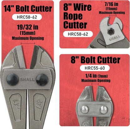 SHALL 3-Piece Bolt Cutters, 14" Heavy Duty & 8" Mini, 8" Wire Rope Cutter, Ergonomic Handle, More Efficient Leverage for Cutting Locks, Chains, Iron Wire, Carrying Case Included