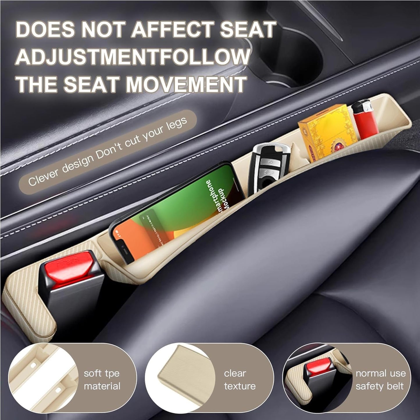 2PCS Car Seat Gap Filler Organizer,Multifunctional Car Gap Fillers with USB and Phone Holder,Auto Interior Accessories,Universal Car Seat Storage Organizer Between Seats for Phone,Keys (Beige)